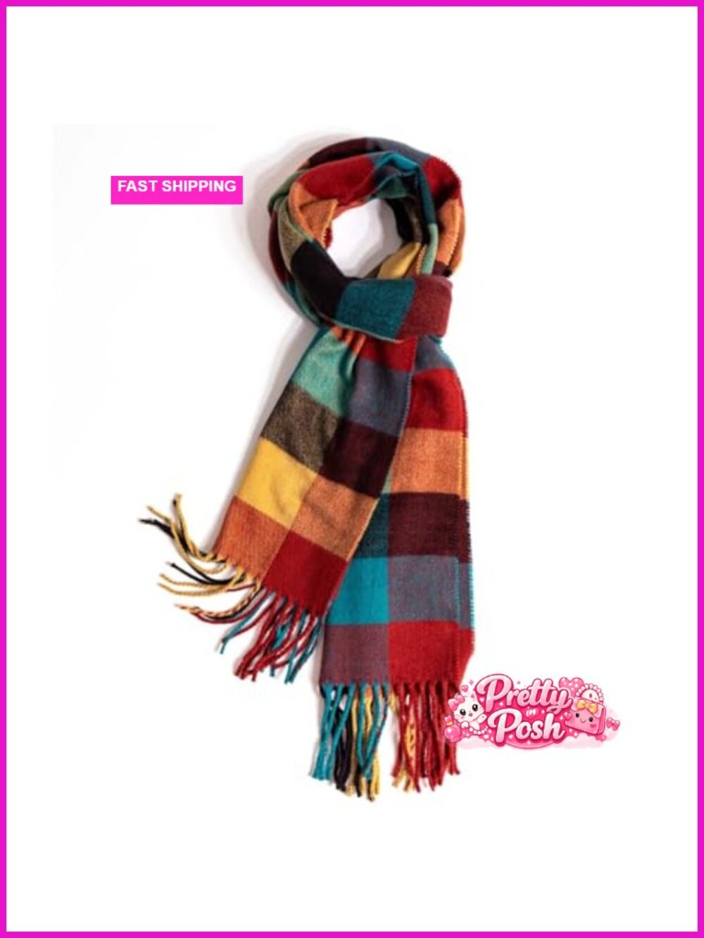Soft Acrylic Plaid Winter Scarf Tassel Fringe Warm Neck Wrap